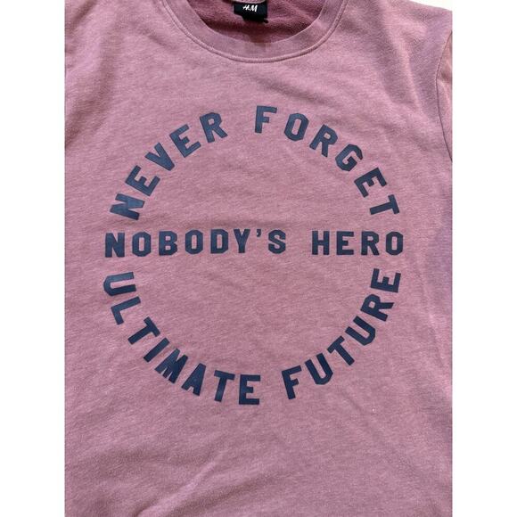 H&M Sweatshirt Women Medium Purple Crewneck Graphic Slogan Never Forget Oversize - Picture 3 of 6